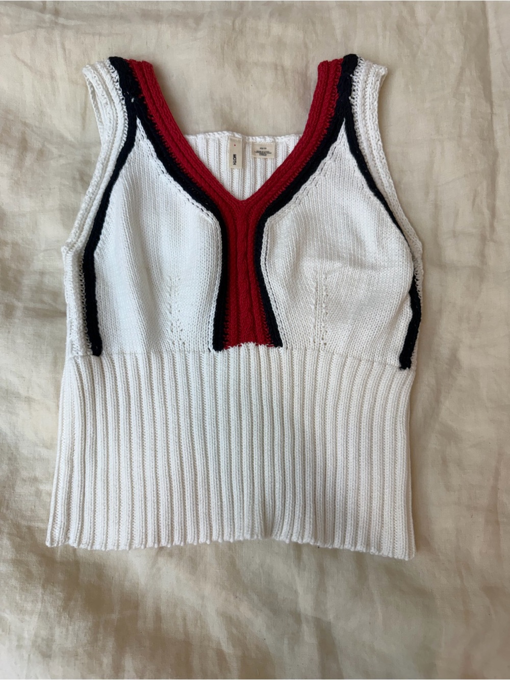 Anthropologie White Sweater Knit Tennis Tank with Red & Navy Trim - Women Tops